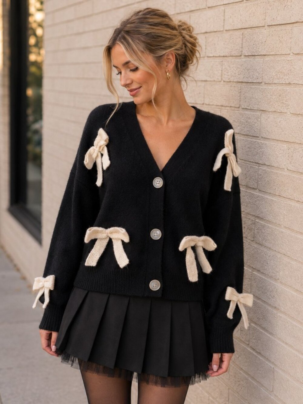 Debut Bow Cardigan Womens Size S/M Black Cream Coquette Preppy Feminine Sweater